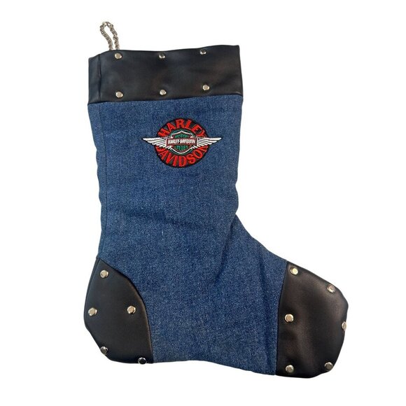 Harley Davidson Christmas Stocking Denim Studs Biker Motorcycle Vintage 2001 - Picture 1 of 5
